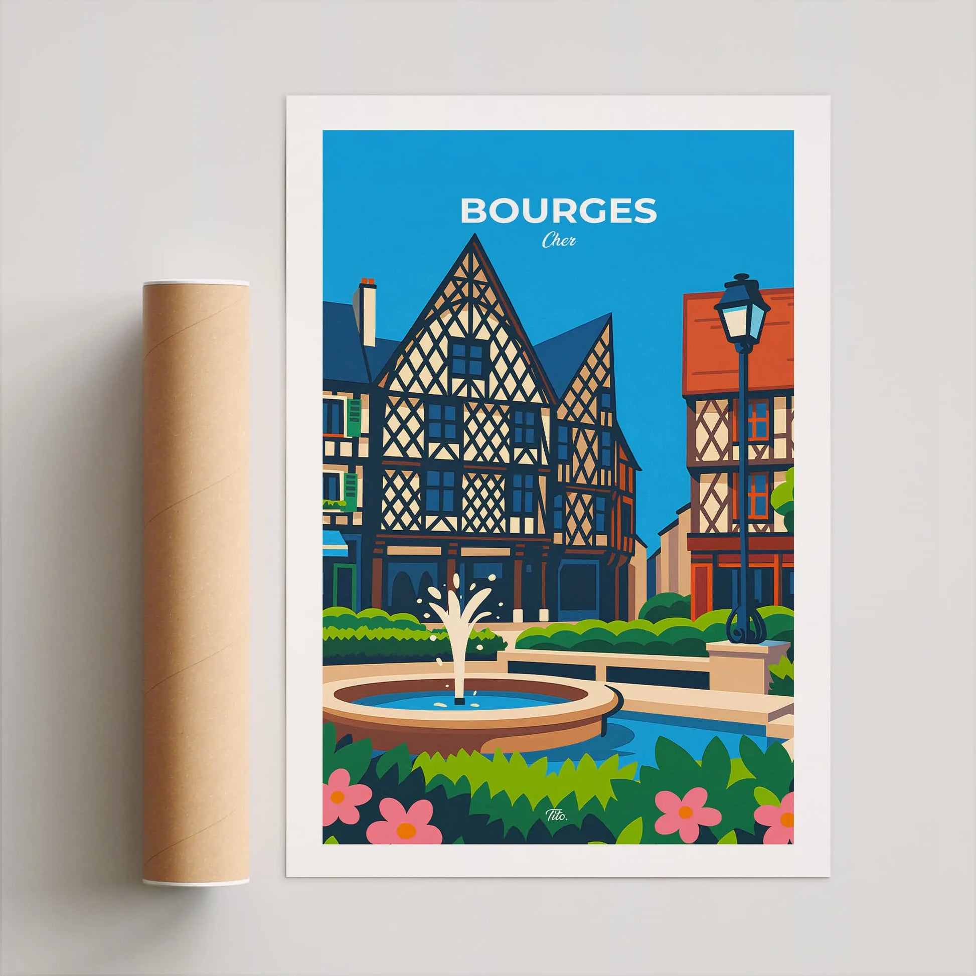 Affiche Bourges - Poster vintage, impression artistique murale